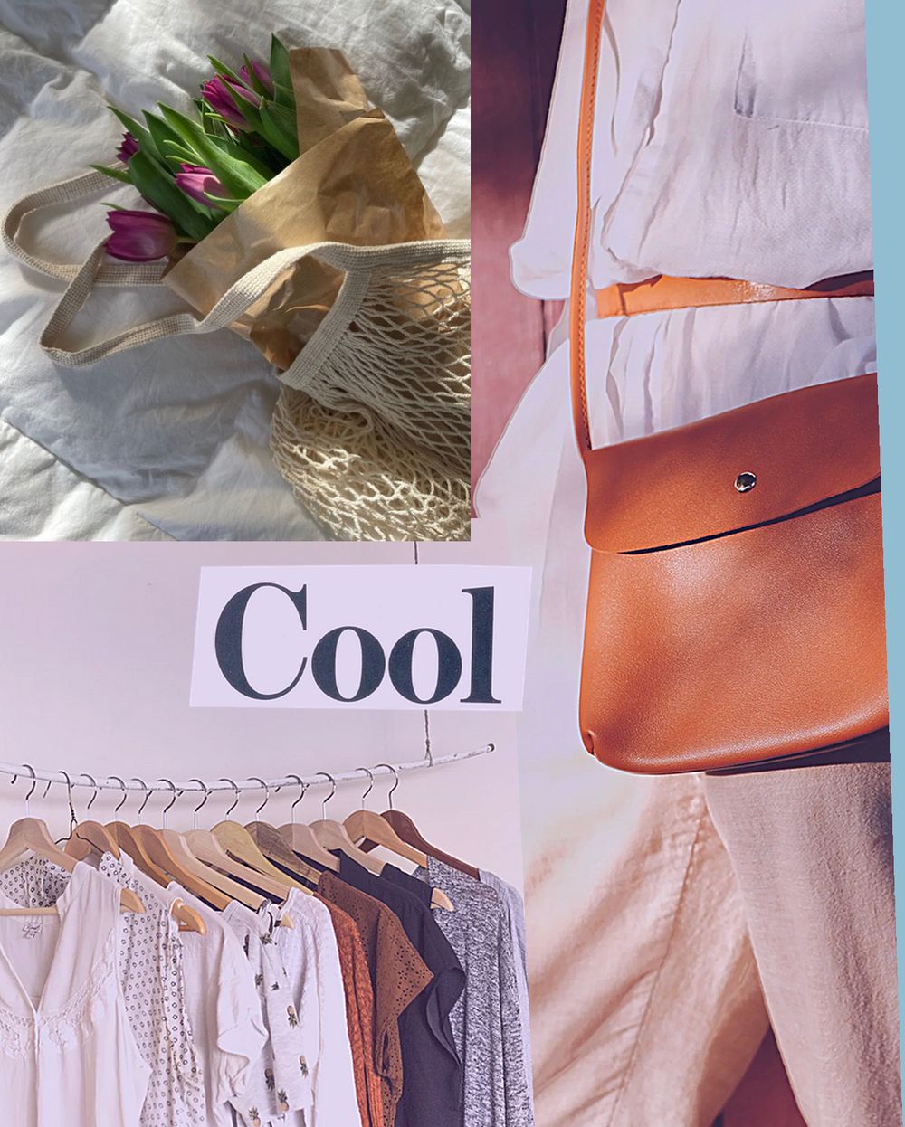 Collage: Tasche, Tulpen, Kleiderstange